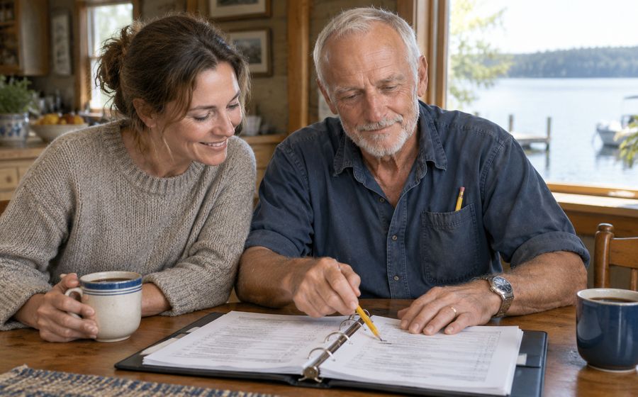 Hank going through his logbook binder with his daughter at the kitchen table